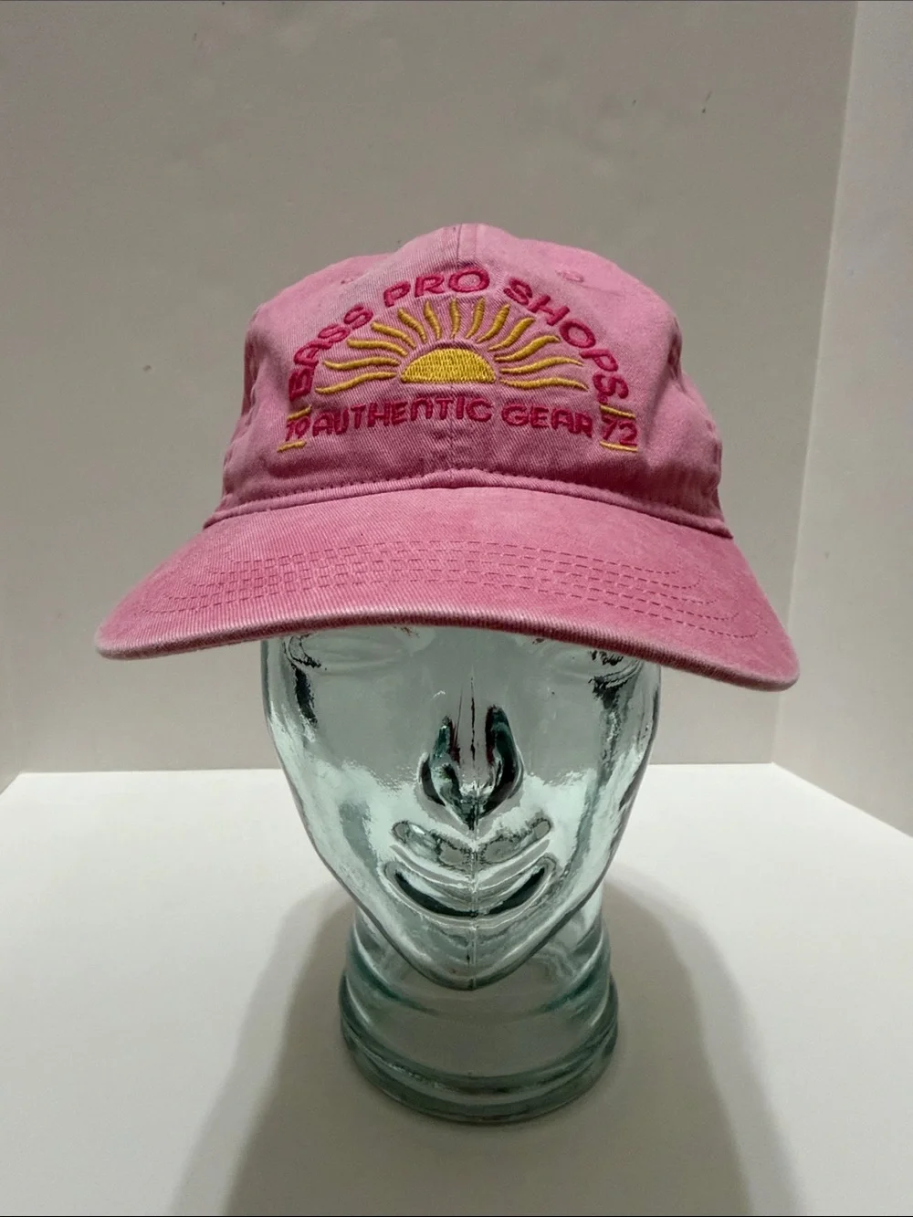 Vintage Bass Pro Shops Pink Baseball Cap with Yellow Sun Embroidery